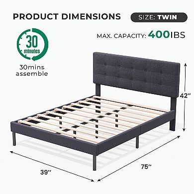 SERWALL Modern Wooden Bed Frame With Upholstered Headboard