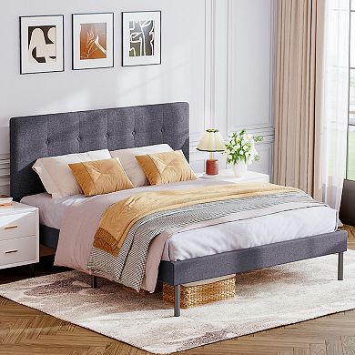 SERWALL Modern Wooden Bed Frame With Upholstered Headboard
