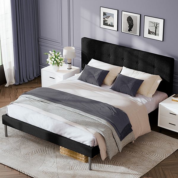 Modern Wooden Bed Frame With Upholstered Headboard - Black (TWIN)