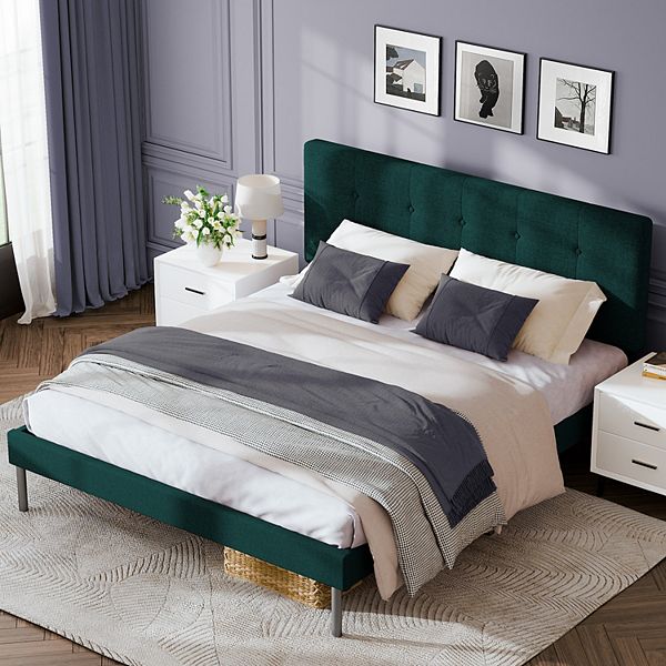 Modern Wooden Bed Frame With Upholstered Headboard - Dark Green (TWIN)