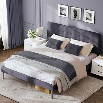 Modern Wooden Bed Frame With Upholstered Headboard