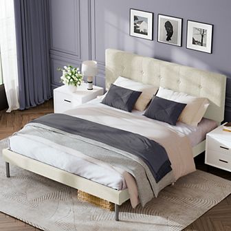 Modern Wooden Bed Frame With Upholstered Headboard