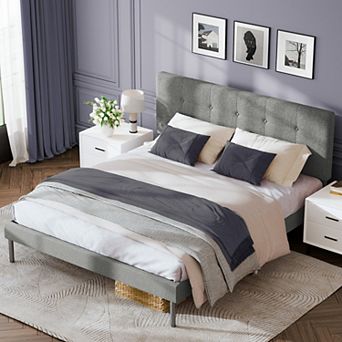 Modern Wooden Bed Frame With Upholstered Headboard