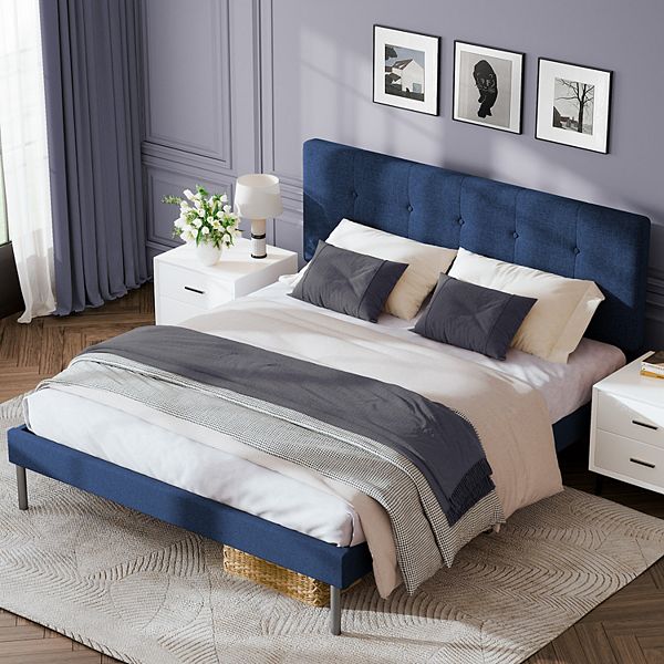 Modern Wooden Bed Frame With Upholstered Headboard - Navy (TWIN)