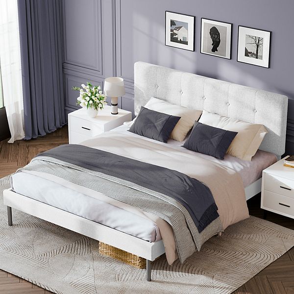 Modern Wooden Bed Frame With Upholstered Headboard - White (TWIN)