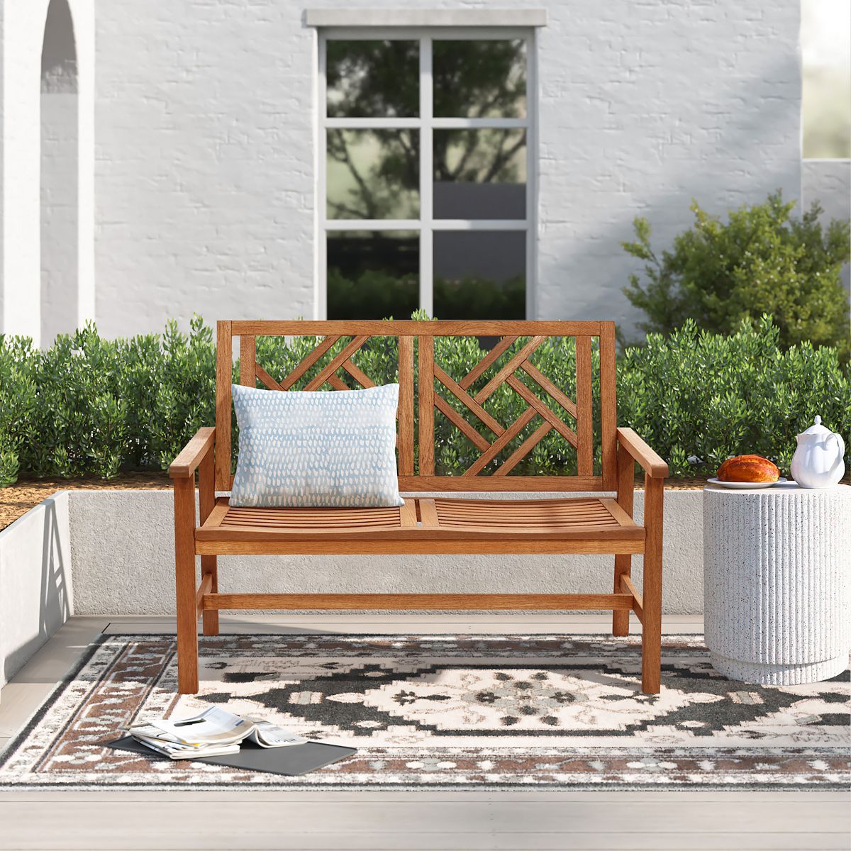 Solid wood outdoor loveseat park bench with lattice back