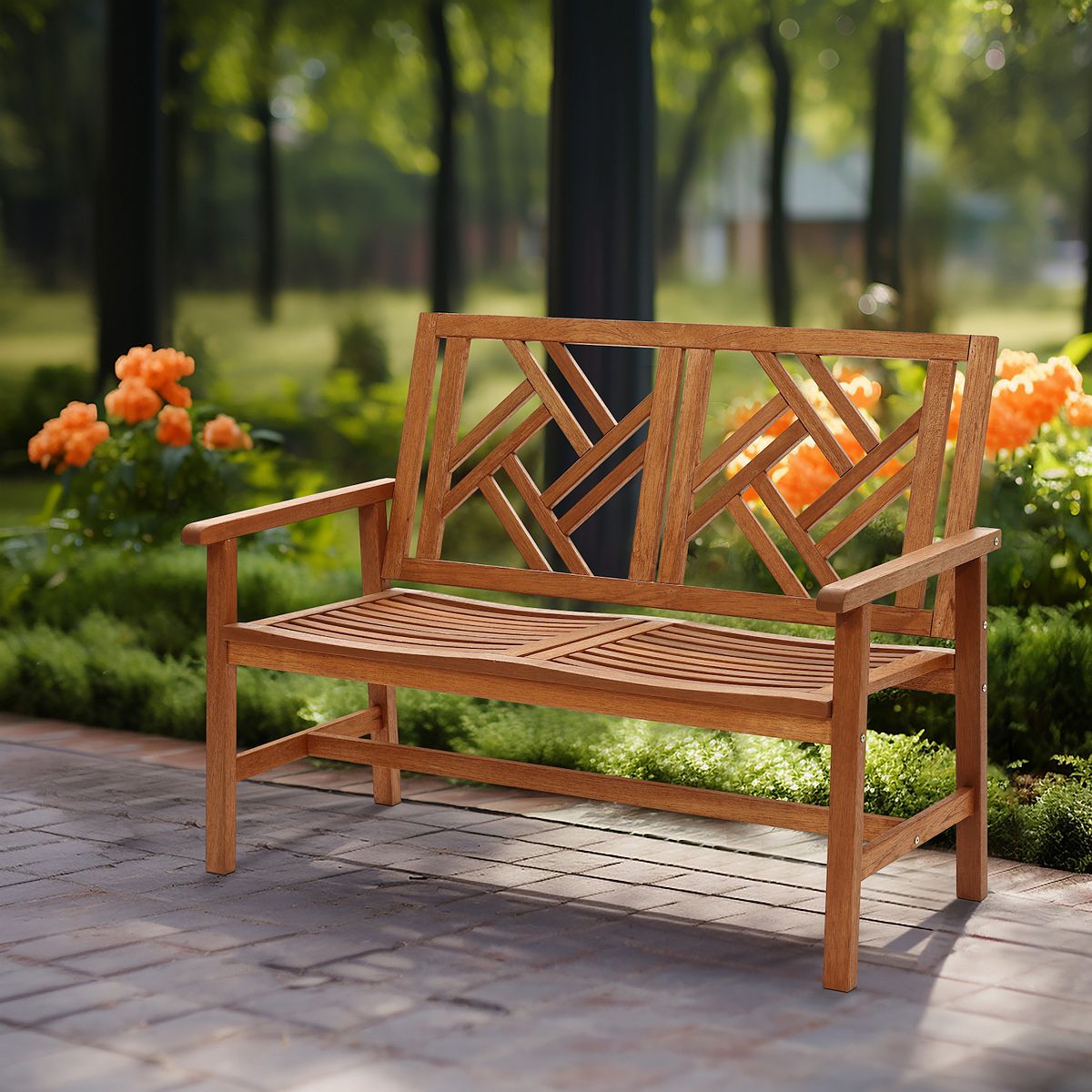 Outdoor loveseat park bench in solid wood with lattice back