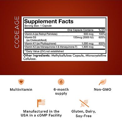 Codeage ADK Vitamins, Vitamin A, D3 5000 IU & K Supplement 180 ct