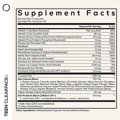 Codeage Teen Clearface Vitamins Minerals & Probiotics Supplement 60 ct