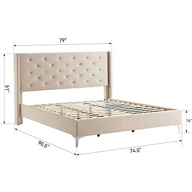 Morden Fort California King Size Bed Frame, Modern Velvet Upholstered Platform Bed