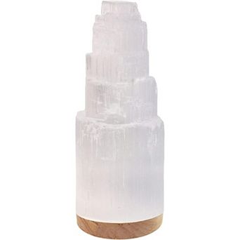 Selenite Crystal Lamp 25cm, Hand Crafted Moroccan Tower Lamp, Usb Cable & Wooden Base