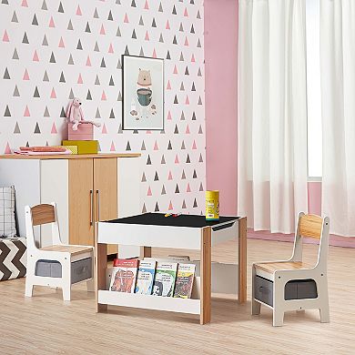 LuxenHome Kids Art Play Activity Table And Chair Set With Storage Baskets, White & Gray