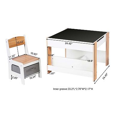 LuxenHome Kids Art Play Activity Table And Chair Set With Storage Baskets, White & Gray