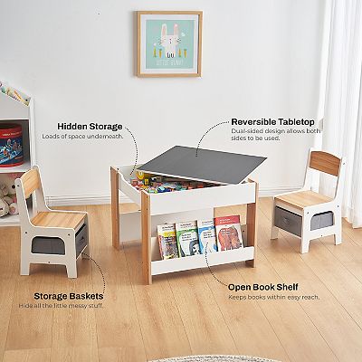 LuxenHome Kids Table & Chair Set with Storage Shelf & Reversible