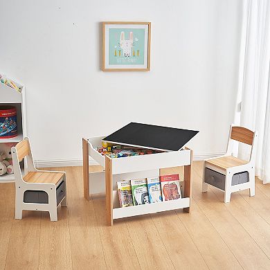 LuxenHome Kids Art Play Activity Table And Chair Set With Storage Baskets, White & Gray