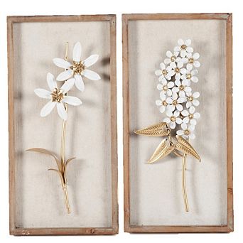 LuxenHome 2 pc White & Gold Flower Bouquet Wall Art, Elegant Metal Floral Decor