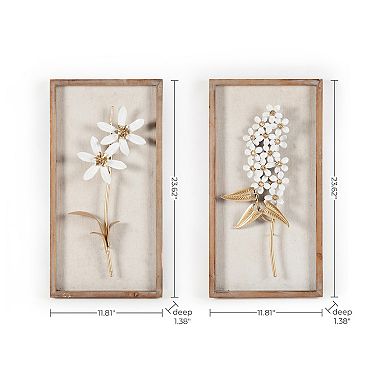 LuxenHome 2-Piece White & Gold Flower Bouquet Wall Art, Elegant Metal Floral Decor