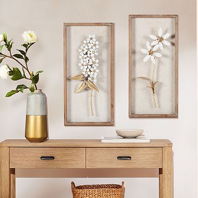 LuxenHome 2-Piece White & Gold Flower Bouquet Wall Art, Elegant Metal Floral Decor