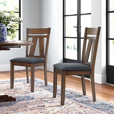LuxenHome Modern Farmhouse Natural Rubberwood Upholstered Gray Seat Dining Chair, Set Of 2