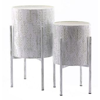 LuxenHome Set Of 2 White Leaf Embossed Metal Cachepot Planters With White Stand