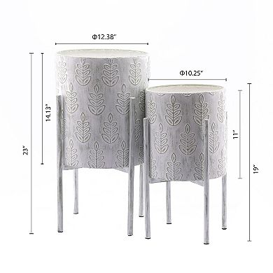 LuxenHome Set Of 2 White Leaf Embossed Metal Cachepot Planters With White Stand