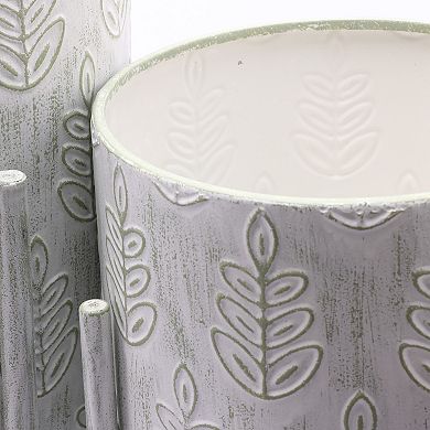 LuxenHome Set Of 2 White Leaf Embossed Metal Cachepot Planters With White Stand