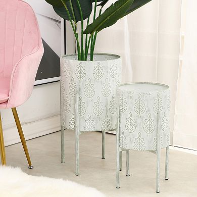 LuxenHome Set Of 2 White Leaf Embossed Metal Cachepot Planters With White Stand