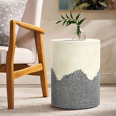 LuxenHome Gray And White Cement Round Outdoor Side Table