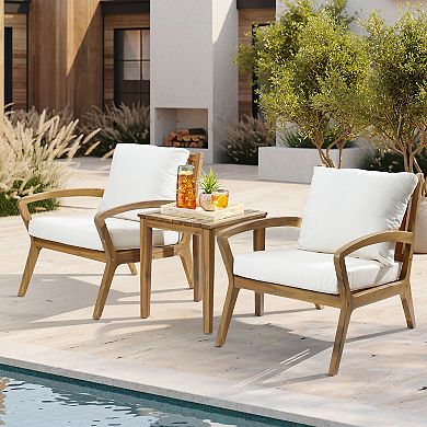 LuxenHome Outdoor Acacia Wood Side Table And Set Of 2 Armchairs With Cushions, White