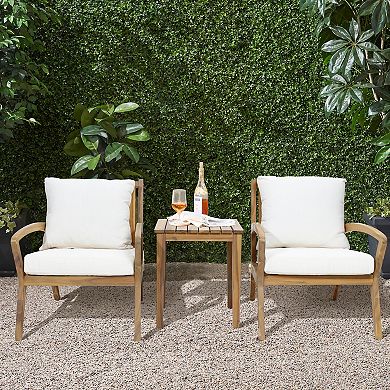 LuxenHome Outdoor Acacia Wood Side Table And Set Of 2 Armchairs With Cushions, White