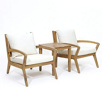 LuxenHome Outdoor Acacia Wood Side Table And Set Of 2 Armchairs With Cushions, White