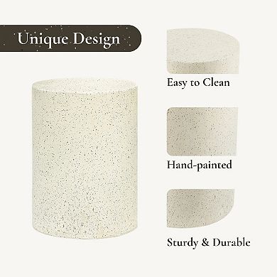 LuxenHome Side Table, 18'' Cream with Speckled Gray Cement Round Accent End Table for Outdoor Indoor