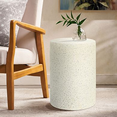 LuxenHome Side Table, 18'' Cream with Speckled Gray Cement Round Accent End Table for Outdoor Indoor