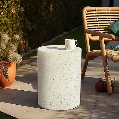 LuxenHome Side Table, 18'' Cream with Speckled Gray Cement Round Accent End Table for Outdoor Indoor