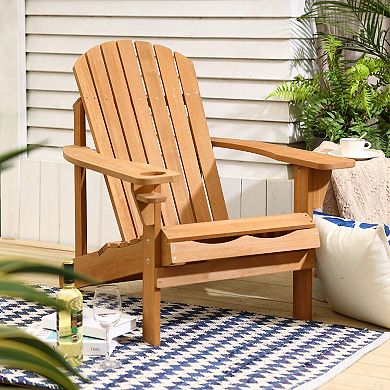 LuxenHome Adirondack Outdoor Wood Chair With Cup Holder