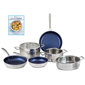 Blue Jean Chef 9 pc Stainless Steel Cookware Set, Hammered Finish, Tri-ply Construction Clad Cook