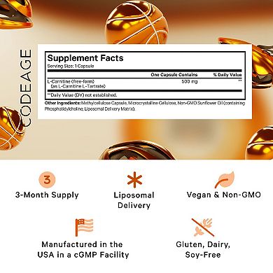 Codeage Liposomal L-Carnitine 500mg Supplement 90 ct