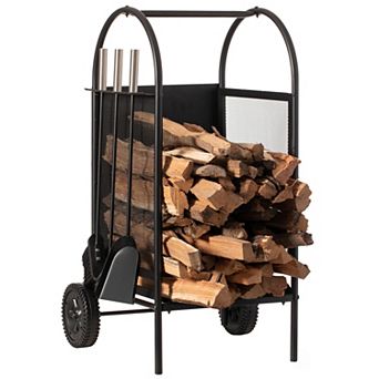 Indoor and Outdoor Patio Iron Firewood Log Cart with Wheels and Fireplace Tool Set
