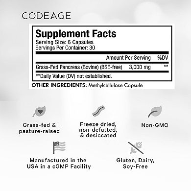 Codeage Grass-Fed Beef Pancreas Glandular Supplement 180 ct