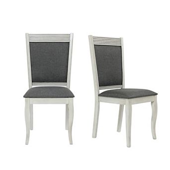LuxenHome Modern Distressed Off White Rubberwood And Gray Upholstered Dining Chair, Set Of 2