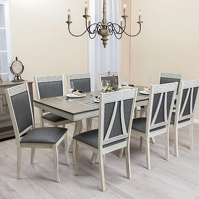 LuxenHome Modern Distressed Off White Rubberwood And Gray Upholstered Dining Chair, Set Of 2