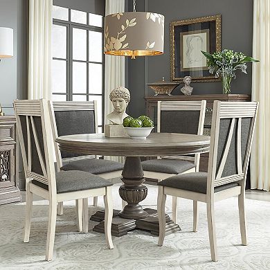 LuxenHome Modern Distressed Off White Rubberwood And Gray Upholstered Dining Chair, Set Of 2