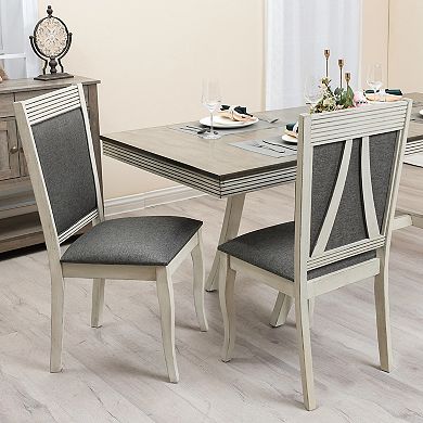LuxenHome Modern Distressed Off White Rubberwood And Gray Upholstered Dining Chair, Set Of 2