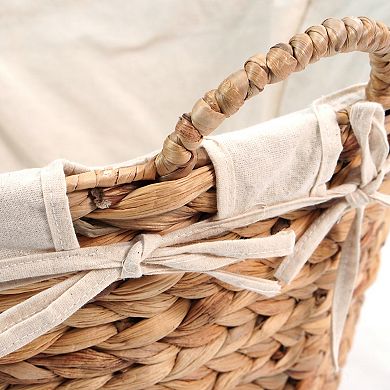 Water Hyacinth Natural Oval Wicker Laundry Basket with Handles and White Cotton Liner