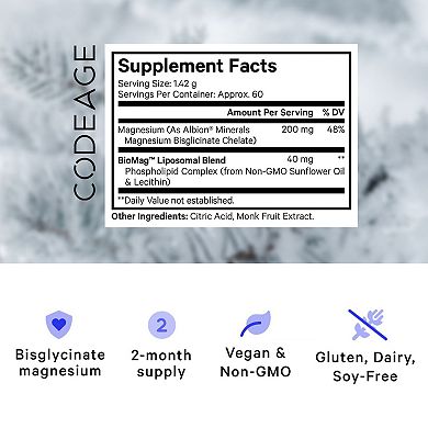 Codeage Magnesium Glycinate Powder Supplement 2-Month Supply 3 oz
