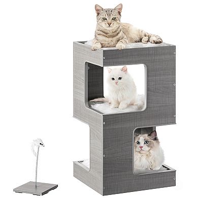 Cat Tall Climbing Tree House for Indoor Cats, Wood Tower Furniture Stand, Soft Blanket and Condo