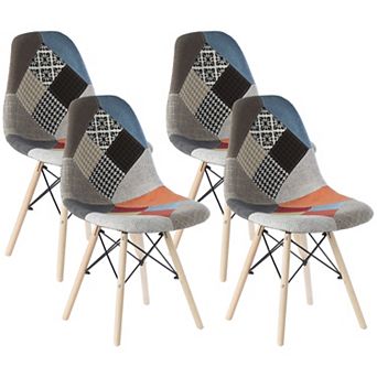 Plastic Fabric Patchwork DSW Shell Dining Chair Wooden Dowel Eiffel Legs, Set of 4