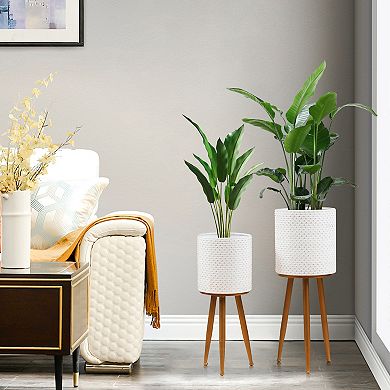 LuxenHome Set Of 2 White Dimpled Metal Cachepot Planters With Bronze Metal Legs