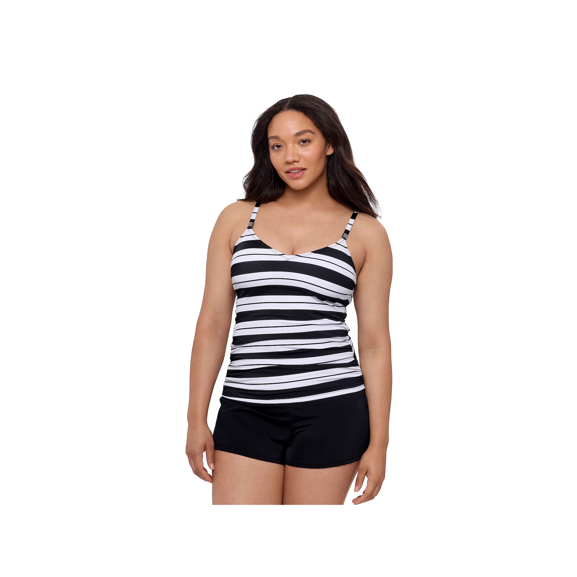 Womens Bal Harbour V Neck Tankini, Size: Small, Black White Stripe