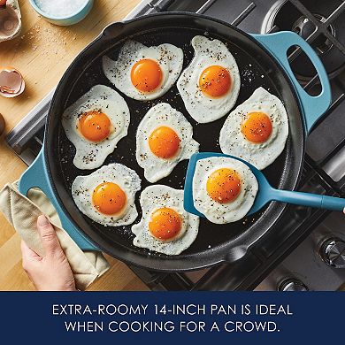 Rachael Ray NITRO Cast Iron Skillet With Side Handles, 14-Inch, Agave Blue